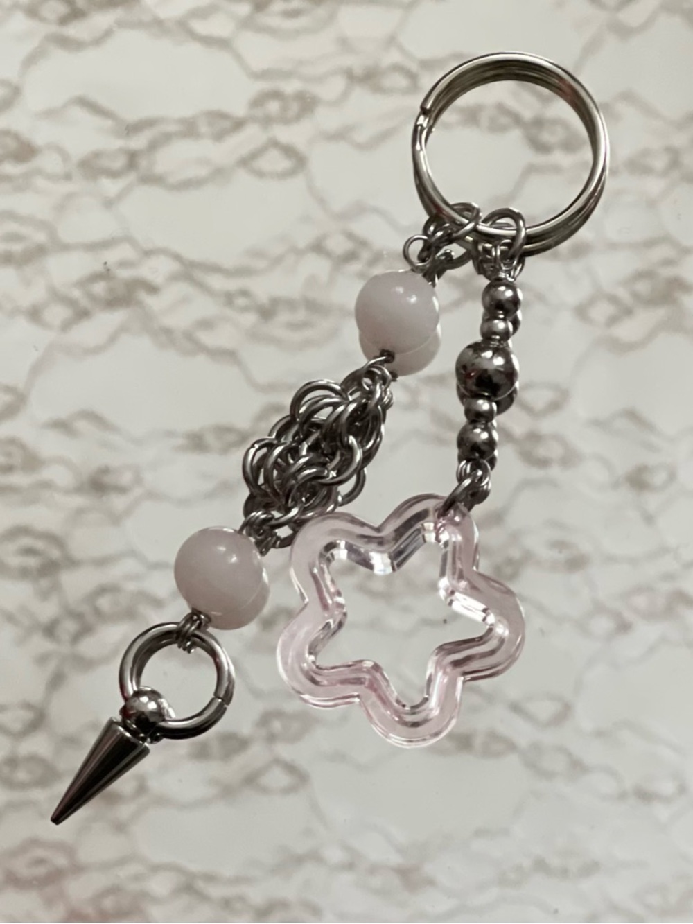 Pink Star Charm Keychain with Beads and Silver Hardware